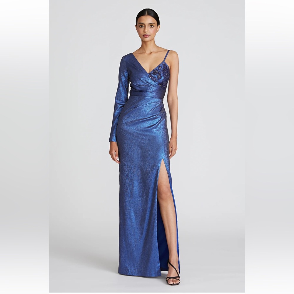 Theia Babette Asymmetrical Gown size 0 blue beaded sparkle prom dress black die